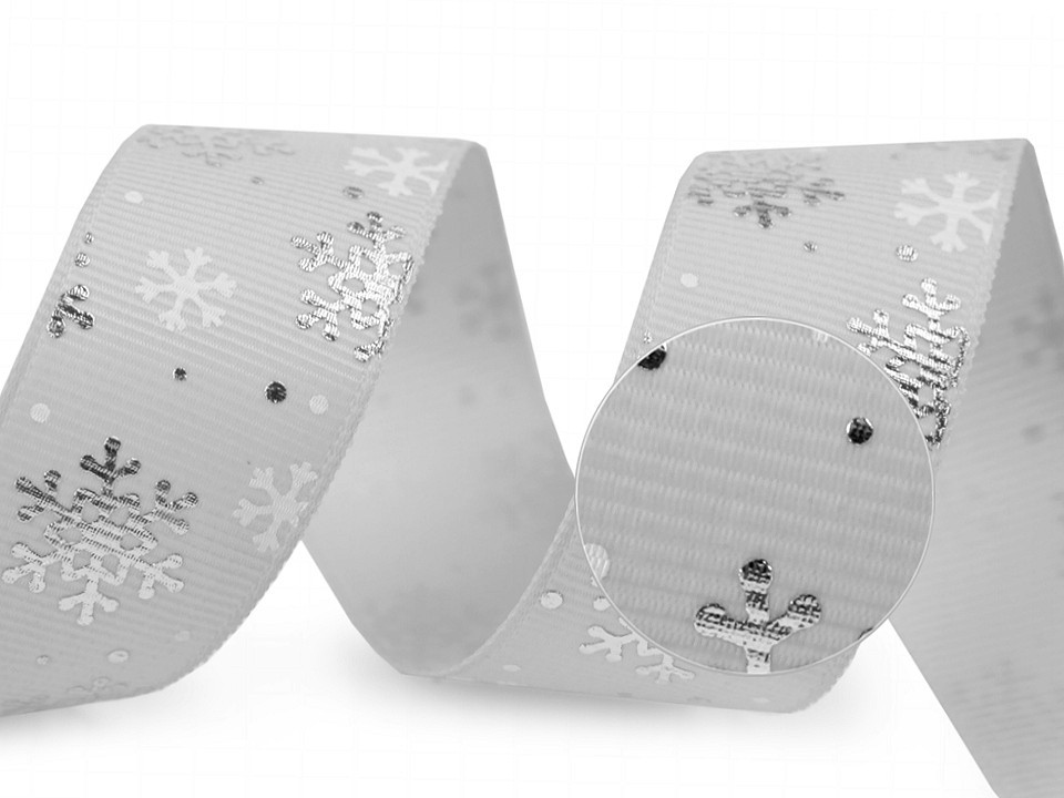 Rypsová stuha vločky šíře 25 mm vánoční, barva 4 šedá nejsvětlější stříbrná
