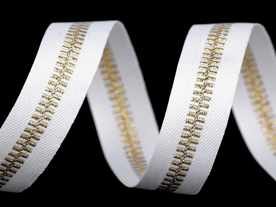 Lampas / oděvní stuha s lurexem šíře 20 mm imitace zipu, barva 1 bílá zlatá