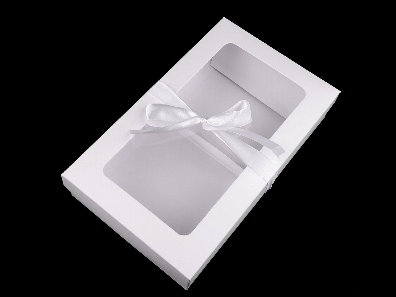 Papírová krabička s průhledem a stuhou, barva bílá
