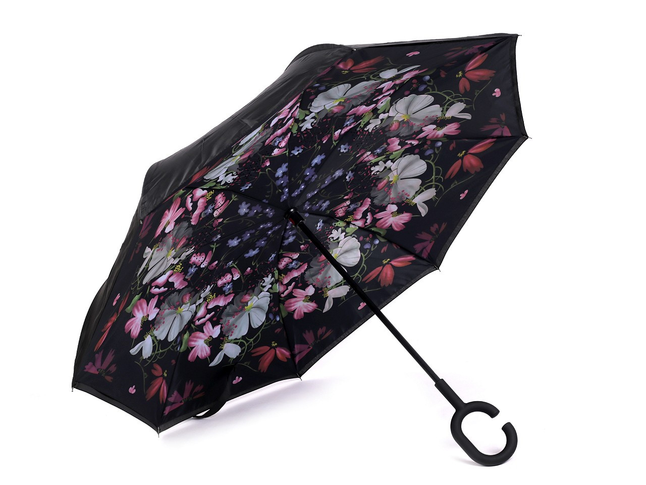 Obrácený deštník dvouvrstvý, barva 4 černá květy