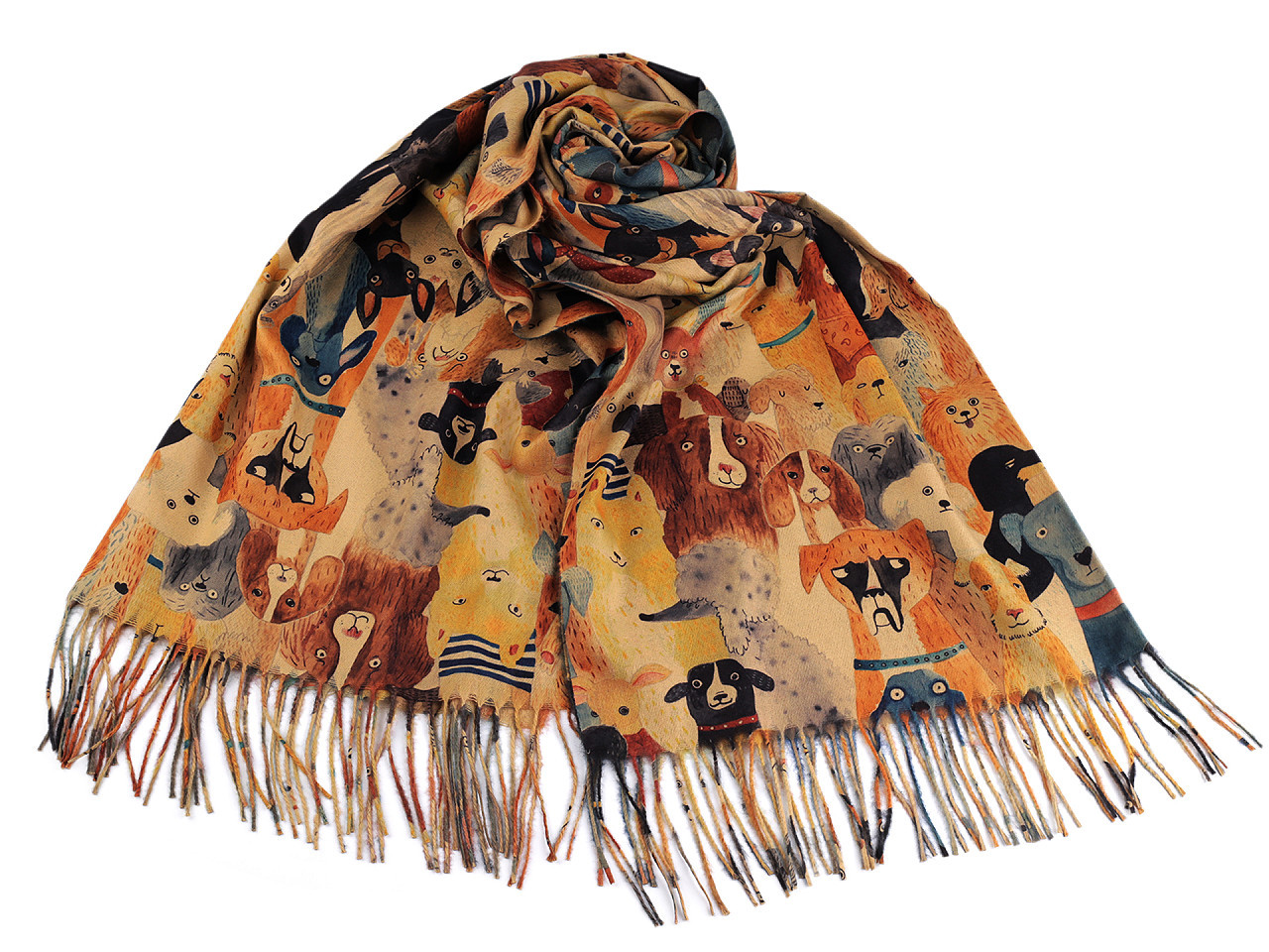 Šátek / šála typu kašmír s třásněmi, psi 70x180 cm, barva 10 béžová tm.