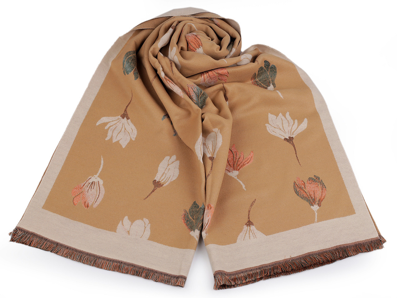 Šátek / šála typu kašmír s třásněmi, květy 65x190 cm, barva 10 béžová velbloudí béžová světlá