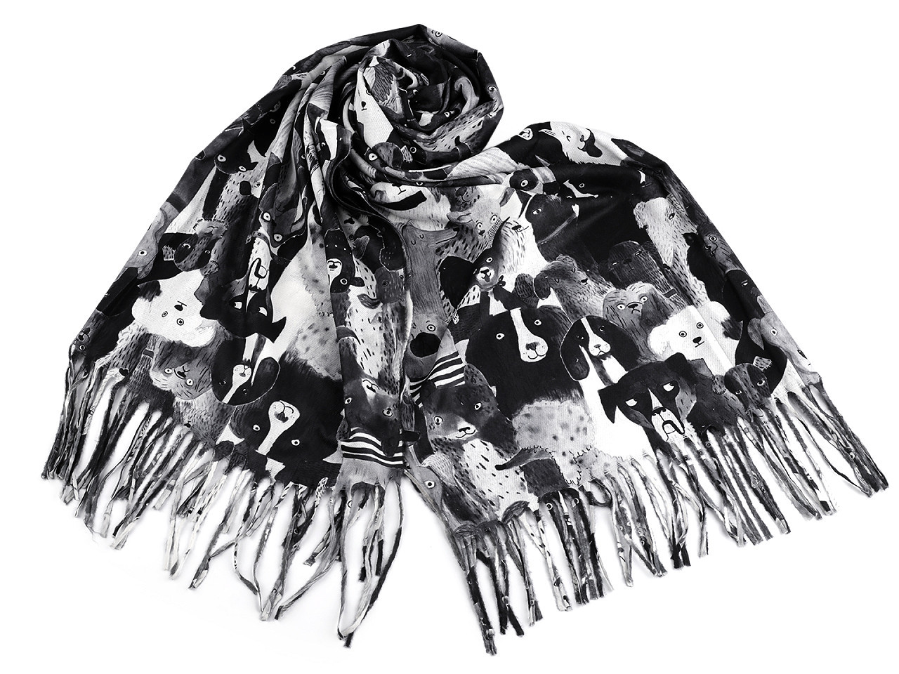 Šátek / šála typu kašmír s třásněmi, psi 70x180 cm, barva 12 černá