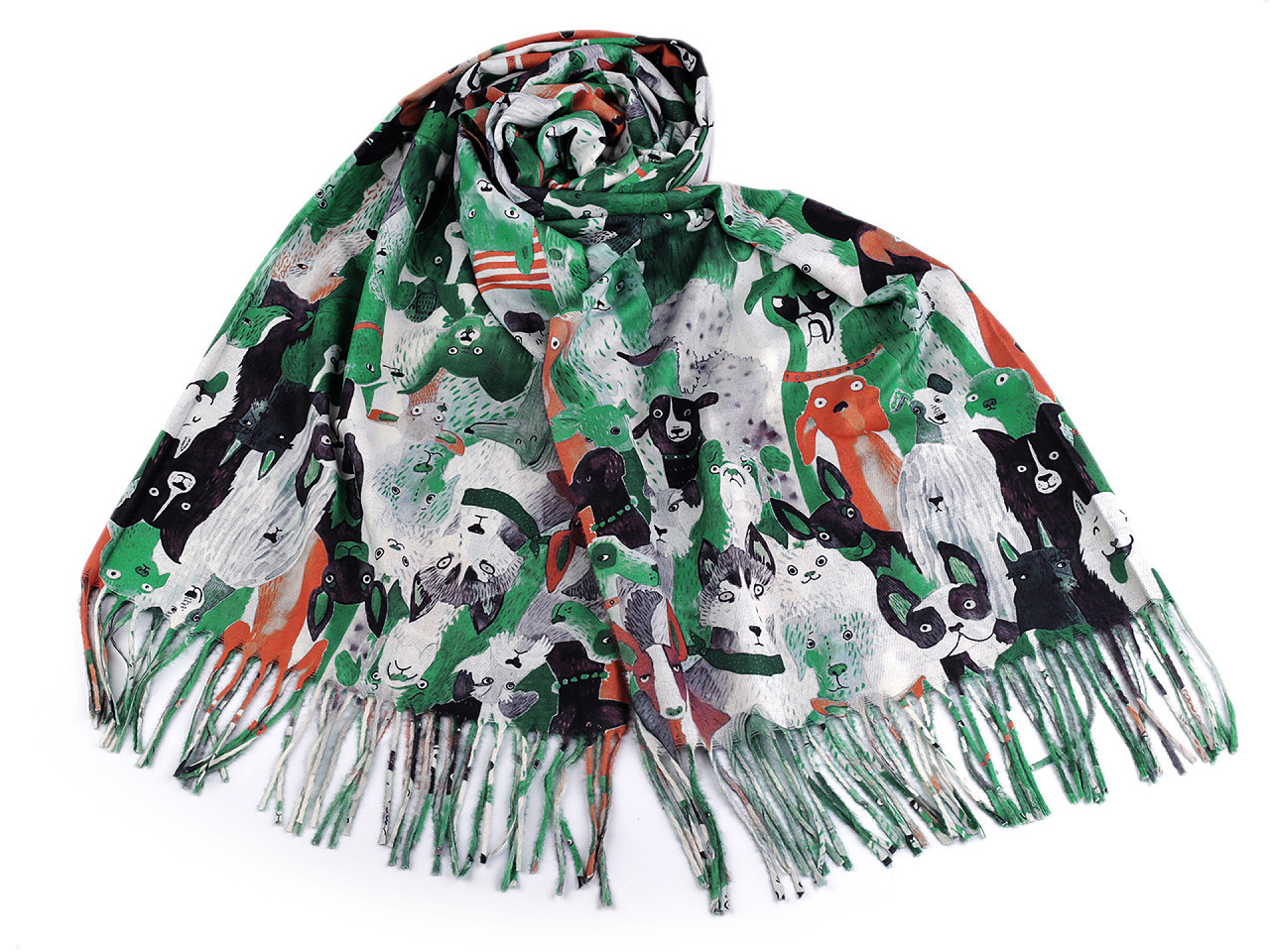 Šátek / šála typu kašmír s třásněmi, psi 70x180 cm, barva 5 zelená