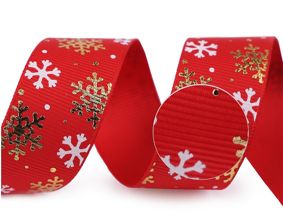 Rypsová stuha vločky šíře 25 mm vánoční, barva 2 červená zlatá
