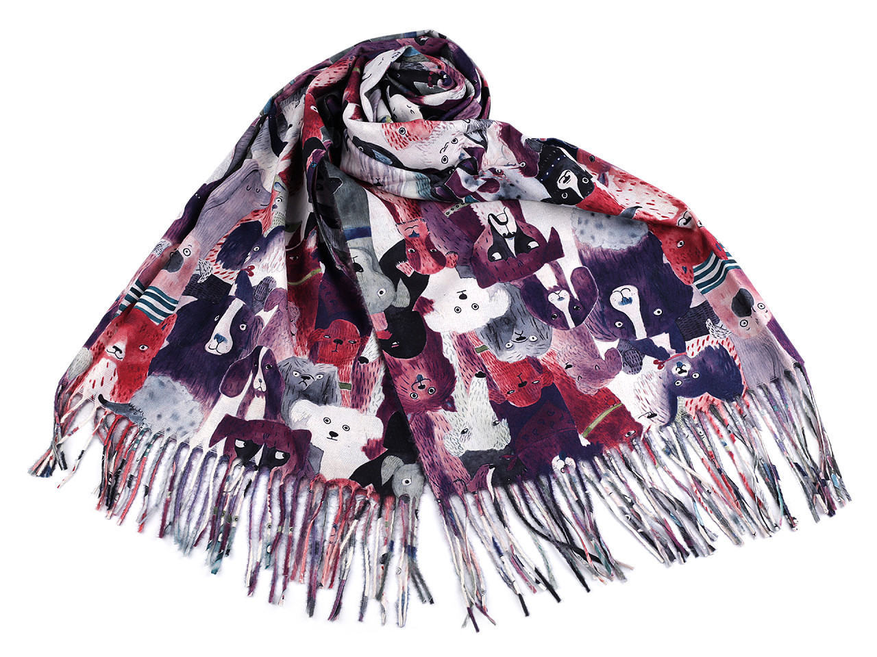Šátek / šála typu kašmír s třásněmi, psi 70x180 cm, barva 9 fialová švestka