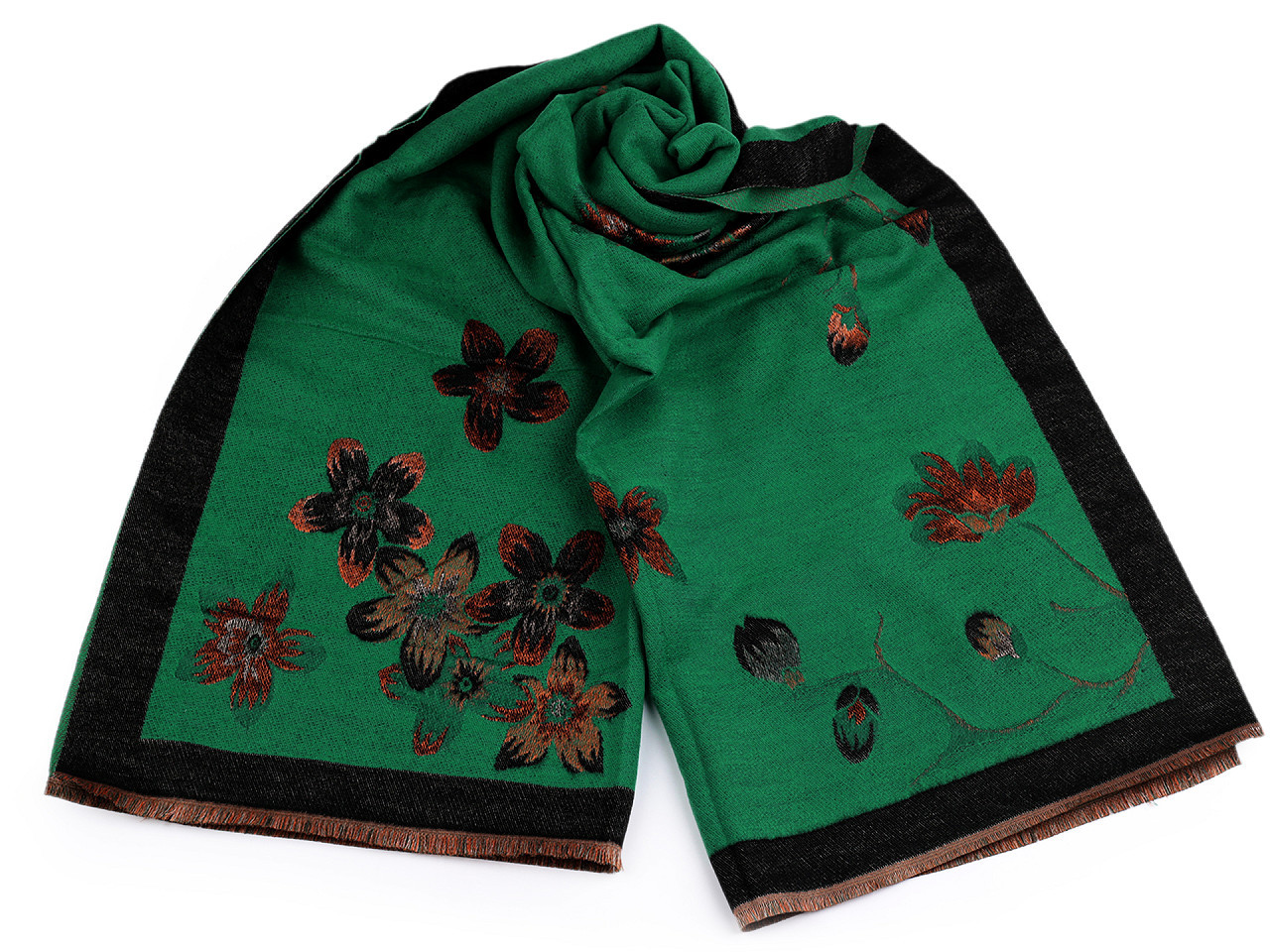 Šátek / šála typu kašmír s třásněmi, květy 65x190 cm, barva 5 zelená pastelová hnědá