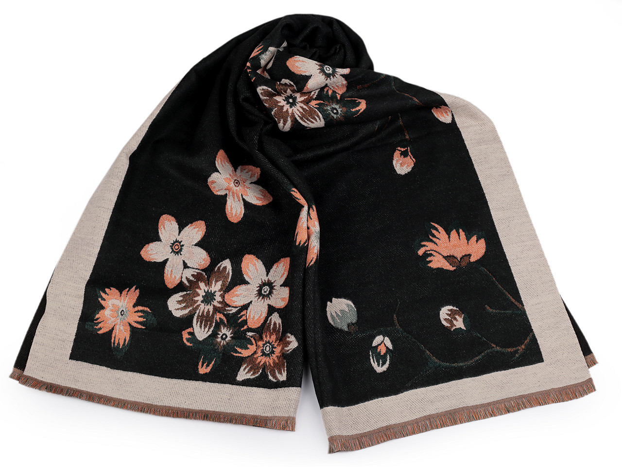 Šátek / šála typu kašmír s třásněmi, květy 65x190 cm, barva 12 černá béžová světlá