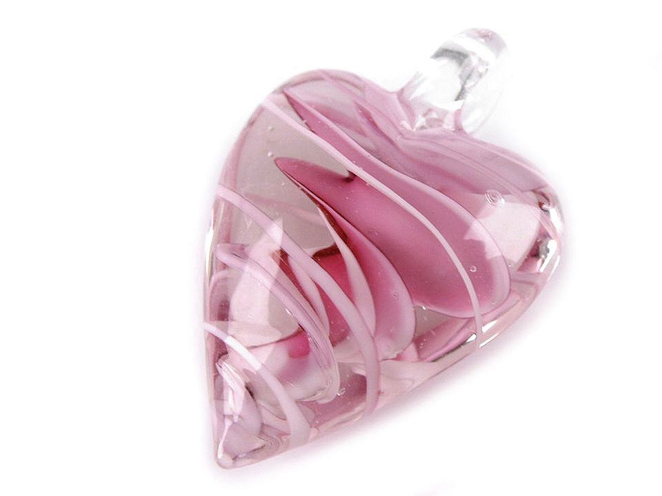 Skleněný přívěsek srdce 30x45 mm, barva 5 růžová sv.