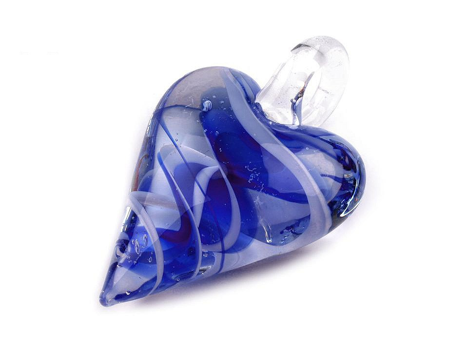 Skleněný přívěsek srdce 30x45 mm, barva 11 modrá kobaltová