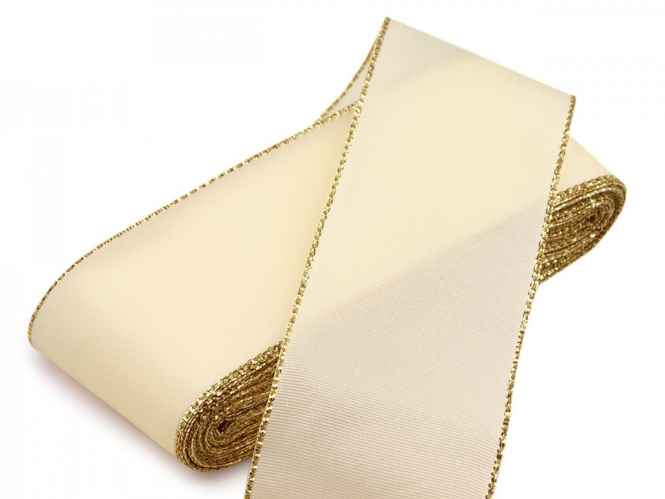 Fotografie Stuha taftová s lurexem šíře 40 mm, barva 201 béžová světlá zlatá
