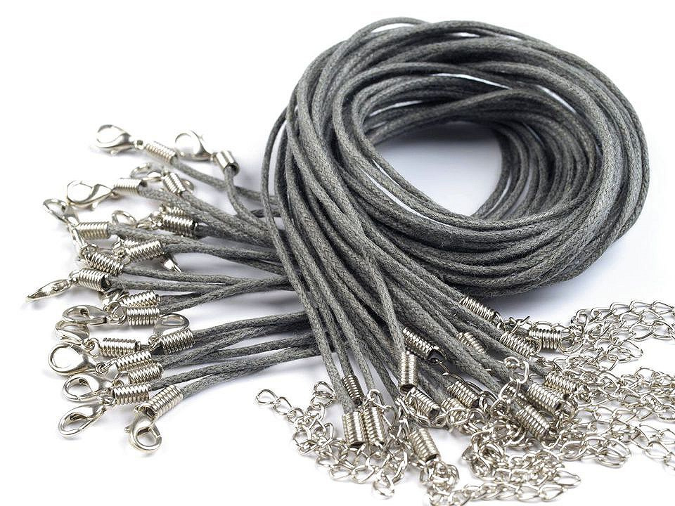 Voskovaná šňůrka s karabinkou délka 45 cm, barva 9 šedá perlová