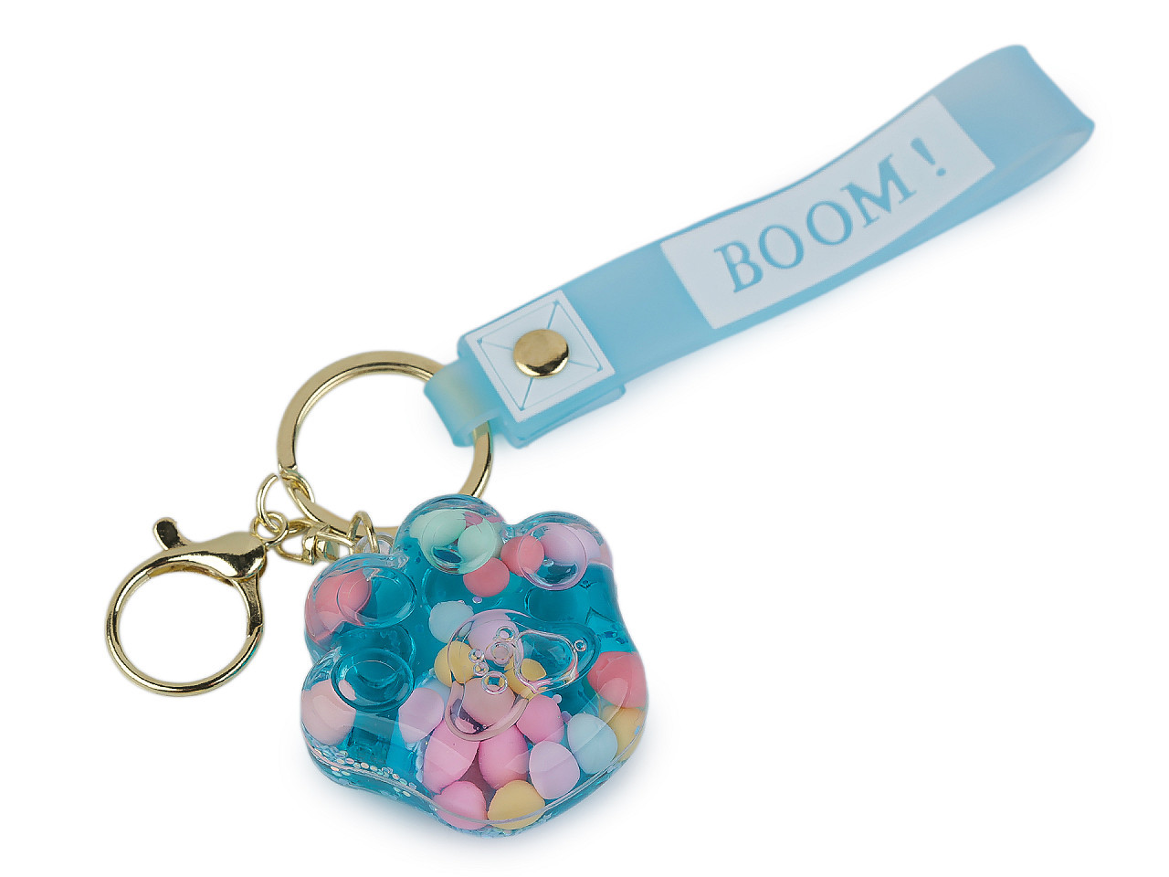 Přívěsek na batoh / klíče s tekutinou a glitry, barva 21 modrá azurová tlapka