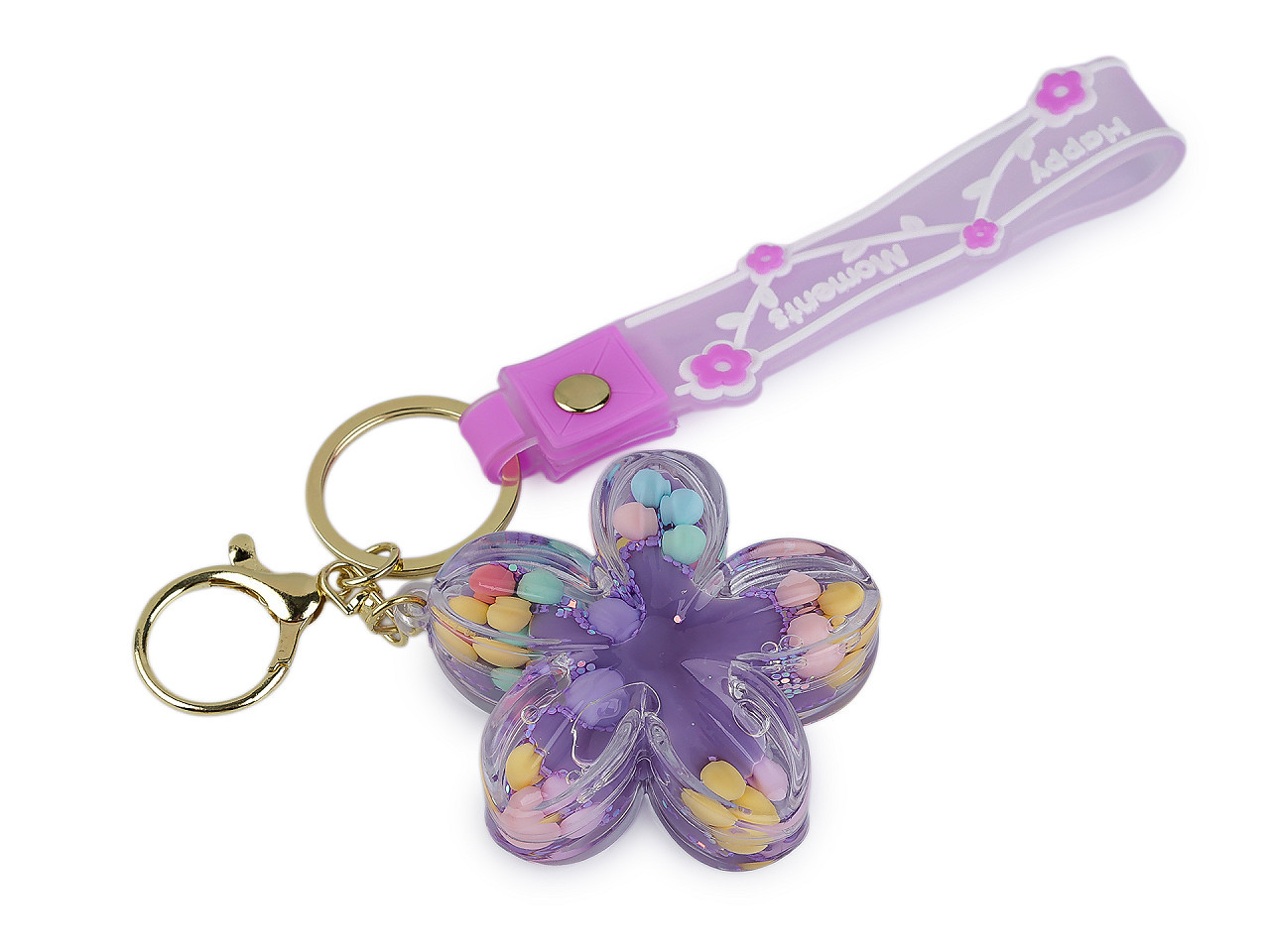 Přívěsek na batoh / klíče s tekutinou a glitry, barva 25 fialová lila květ