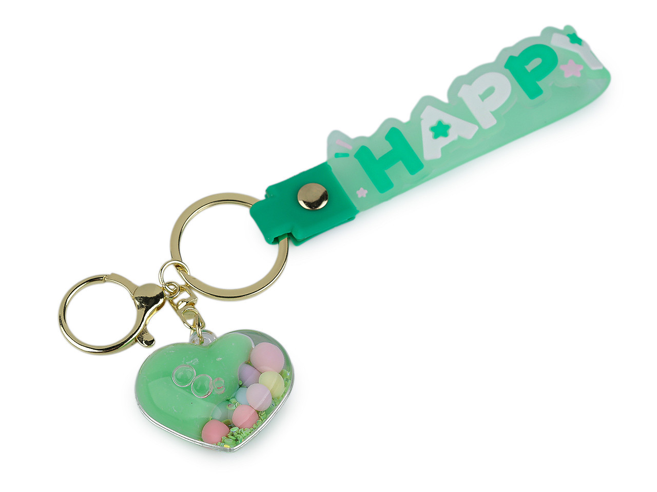 Přívěsek na batoh / klíče s tekutinou a glitry, barva 14 zelená pastel sv srdce