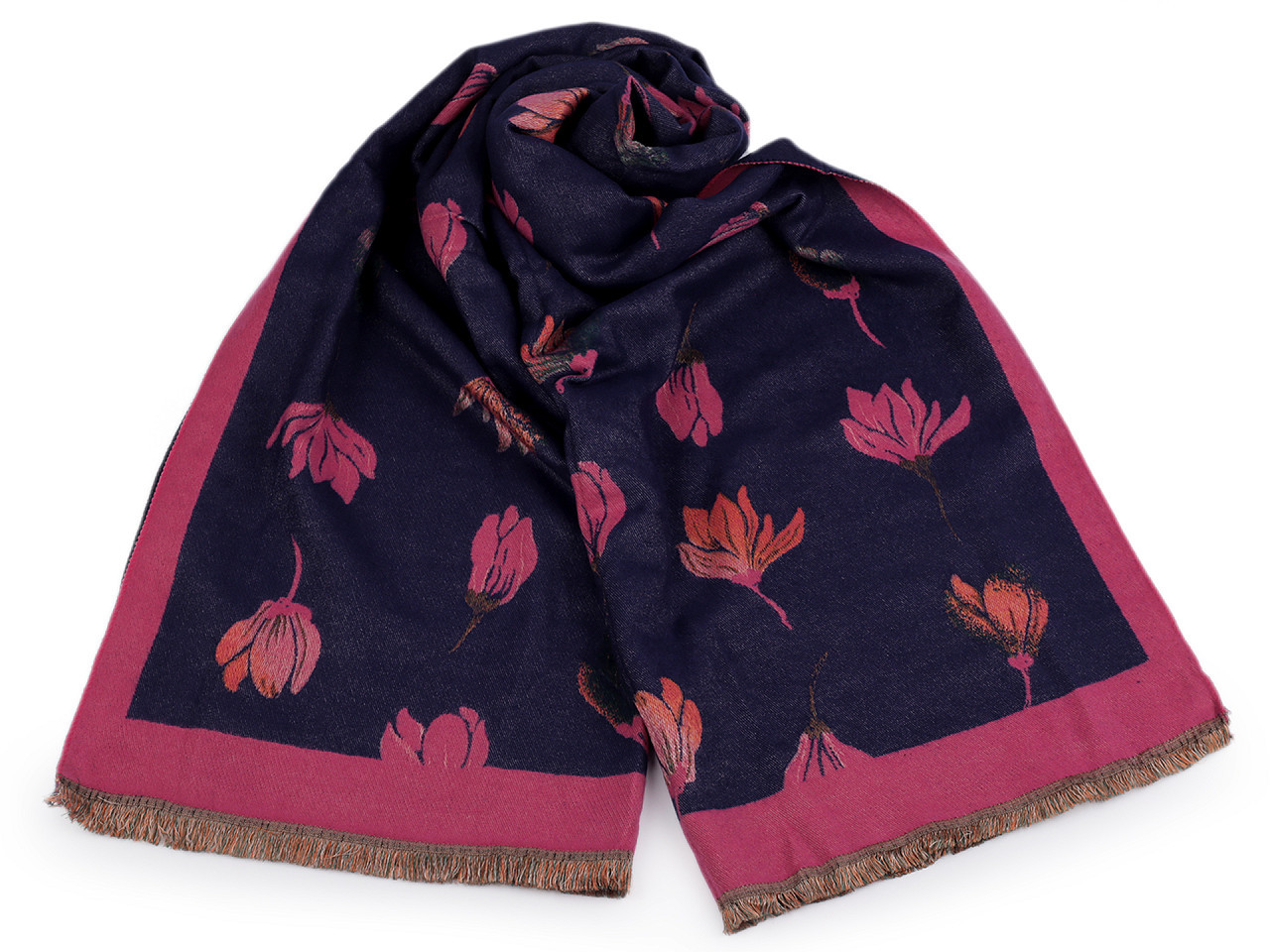 Šátek / šála typu kašmír s třásněmi, květy 65x190 cm, barva 15 pink modrá tmavá