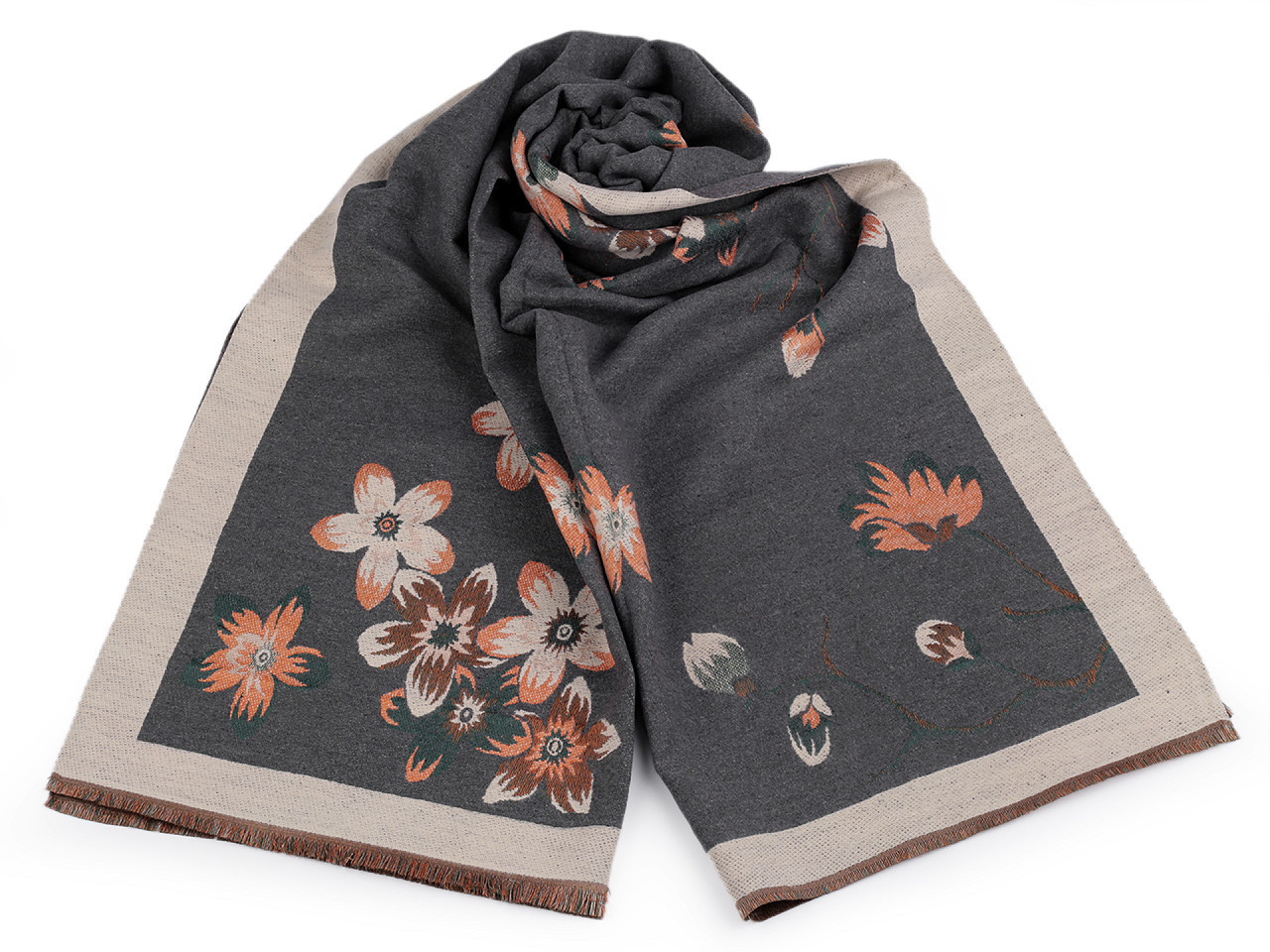 Šátek / šála typu kašmír s třásněmi, květy 65x190 cm, barva 7 šedá béžová světlá