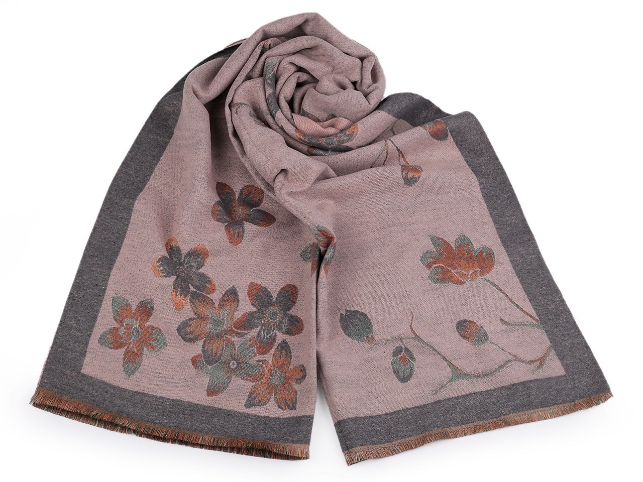 Šátek / šála typu kašmír s třásněmi, květy 65x190 cm, barva 1 pudrová šedá