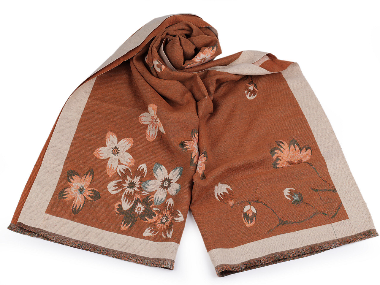 Šátek / šála typu kašmír s třásněmi, květy 65x190 cm, barva 4 béžová tm. béžová světlá