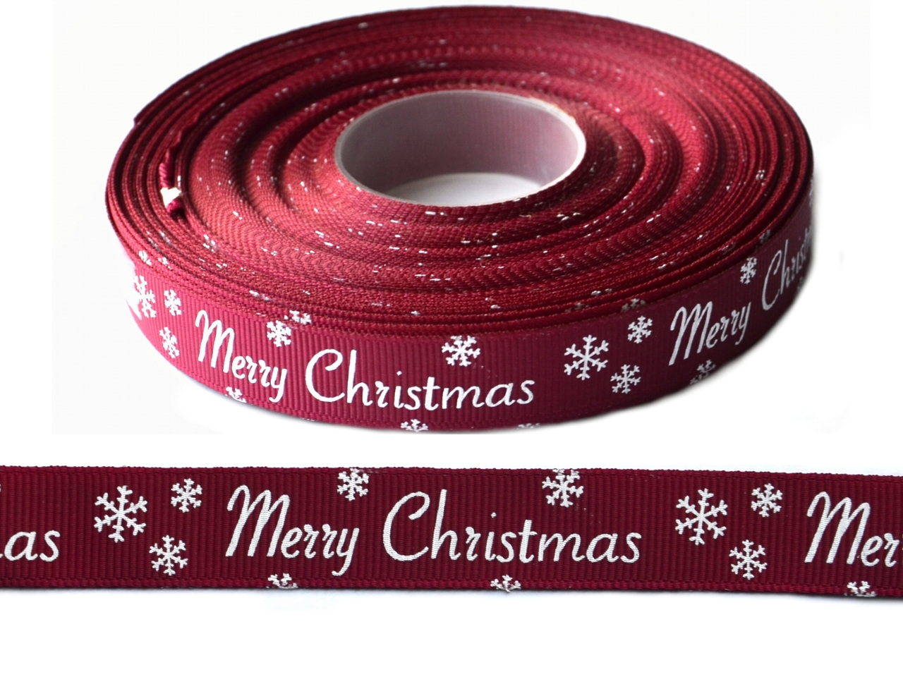 Rypsová stuha šíře 15 mm Merry Christmas, barva Vínová