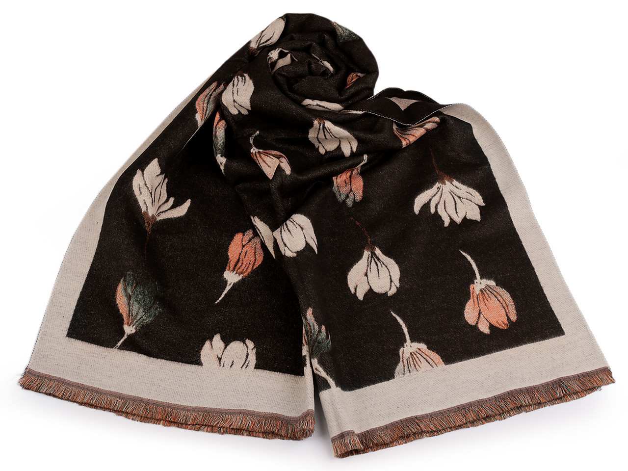 Šátek / šála typu kašmír s třásněmi, květy 65x190 cm, barva 11 hnědá tmavá béžová světlá