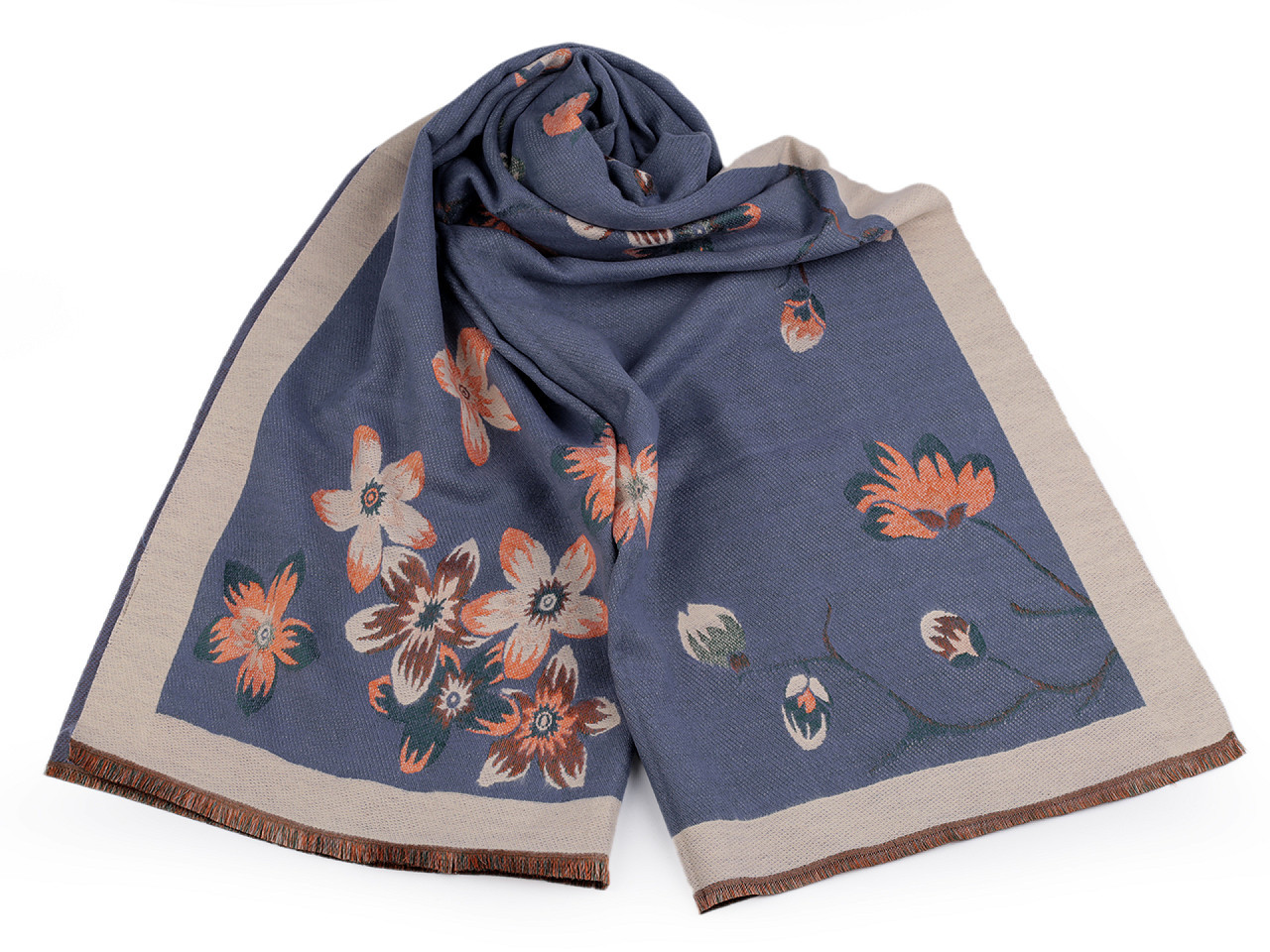 Šátek / šála typu kašmír s třásněmi, květy 65x190 cm, barva 8 modrá jemná béžová světlá