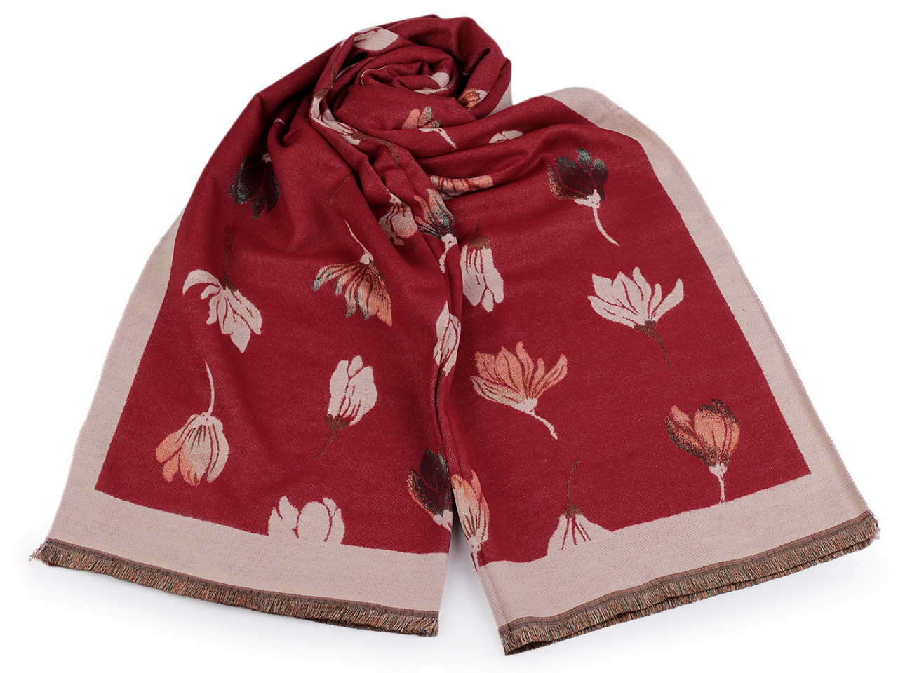 Šátek / šála typu kašmír s třásněmi, květy 65x190 cm, barva 14 červená béžová světlá