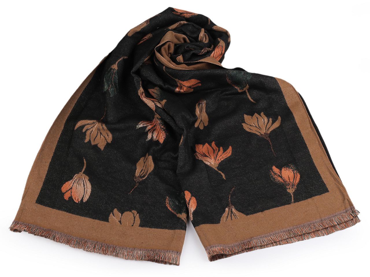 Šátek / šála typu kašmír s třásněmi, květy 65x190 cm, barva 18 béžová velbloudí hnědá tmavá