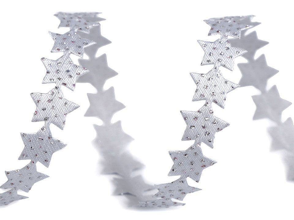 Saténový prýmek šíře 14 mm hvězda s glitry vánoční, barva 7 stříbrná