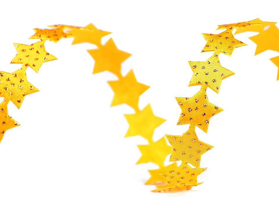 Saténový prýmek šíře 14 mm hvězda s glitry vánoční, barva 3 žlutá