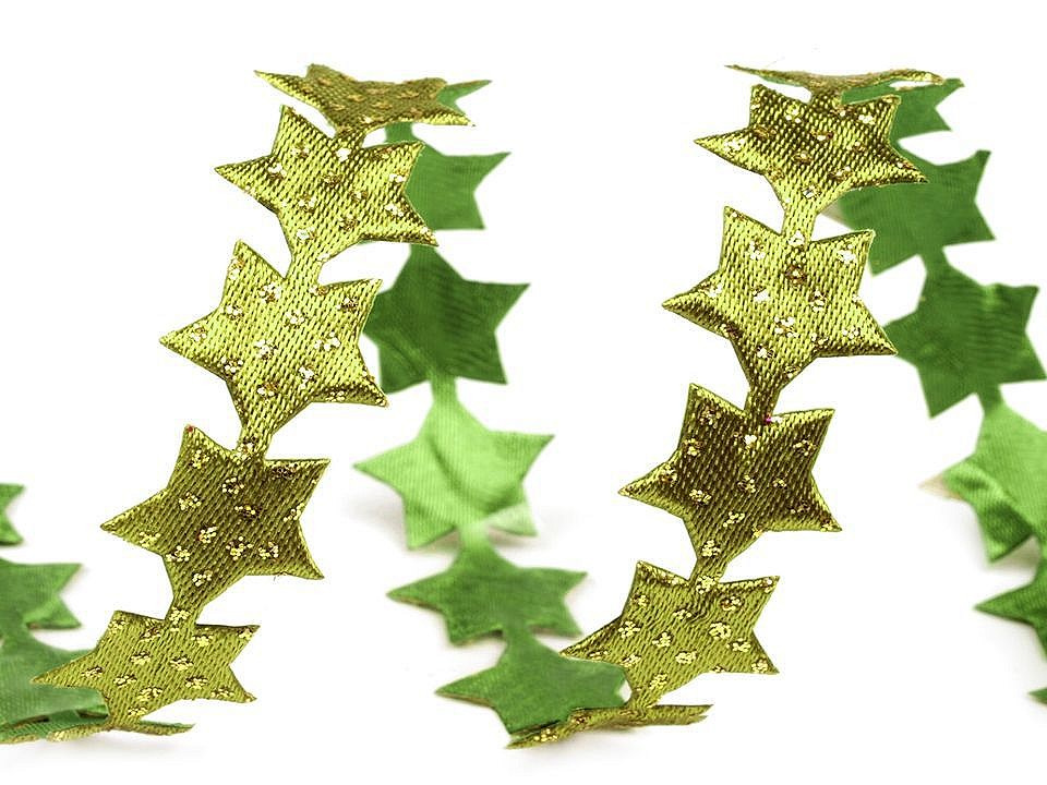 Saténový prýmek šíře 14 mm hvězda s glitry vánoční, barva 5 zelená sv.