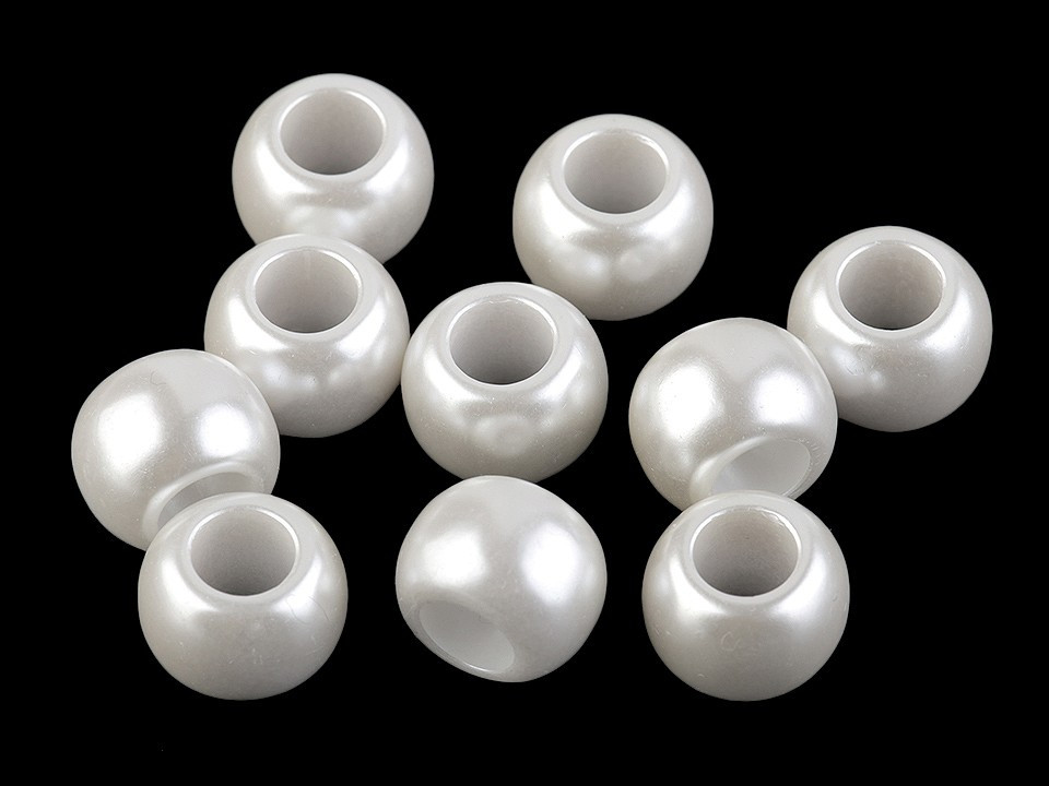 Plastové perly s velkým průvlekem 11x15 mm, barva 1 bílá perleť