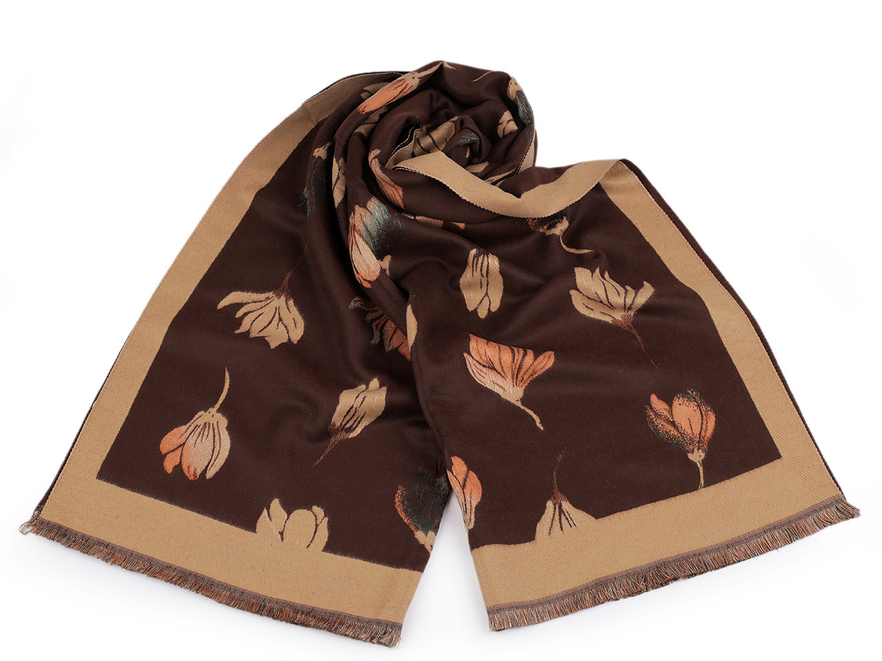 Šátek / šála typu kašmír s třásněmi, květy 65x190 cm, barva 3 béžová hnědá