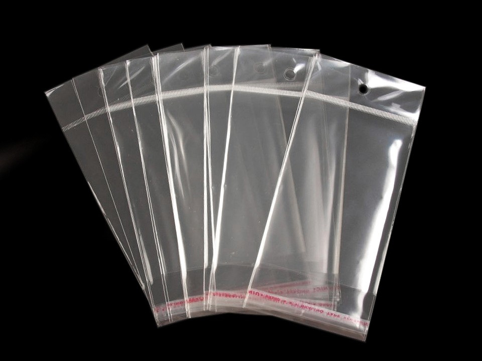 PP sáček s lepicí klopou a závěsem 8x12 cm, barva transparent