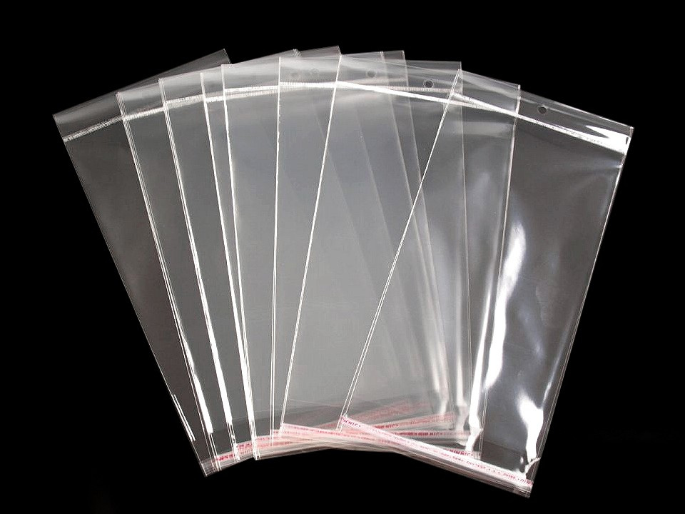 PP sáček s lepicí klopou a závěsem 15x25,5 cm, barva transparent