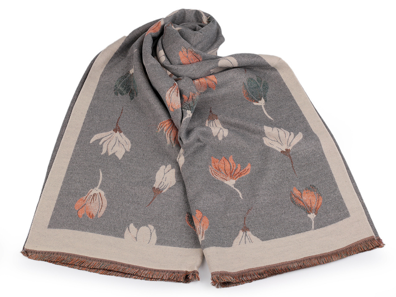 Šátek / šála typu kašmír s třásněmi, květy 65x190 cm, barva 17 šedá světlá béžová světlá
