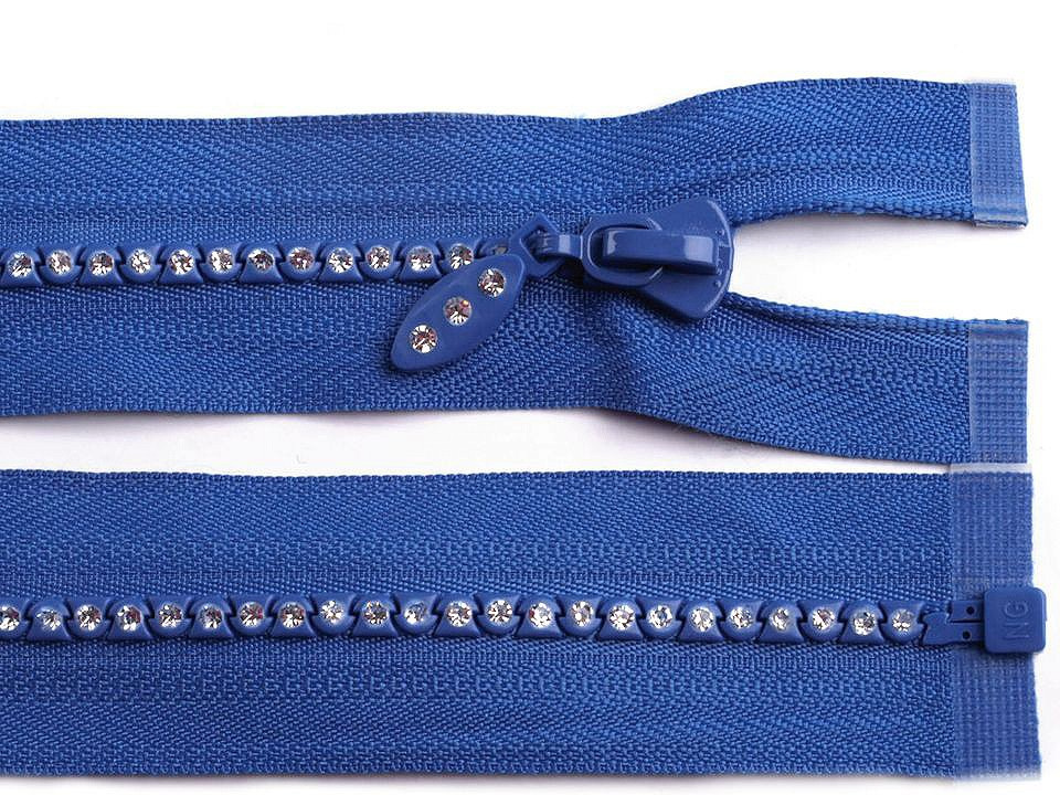 Kostěný zip šíře 4 mm délka 50 cm se štrasovými kamínky, barva 213 Dazzling Blue