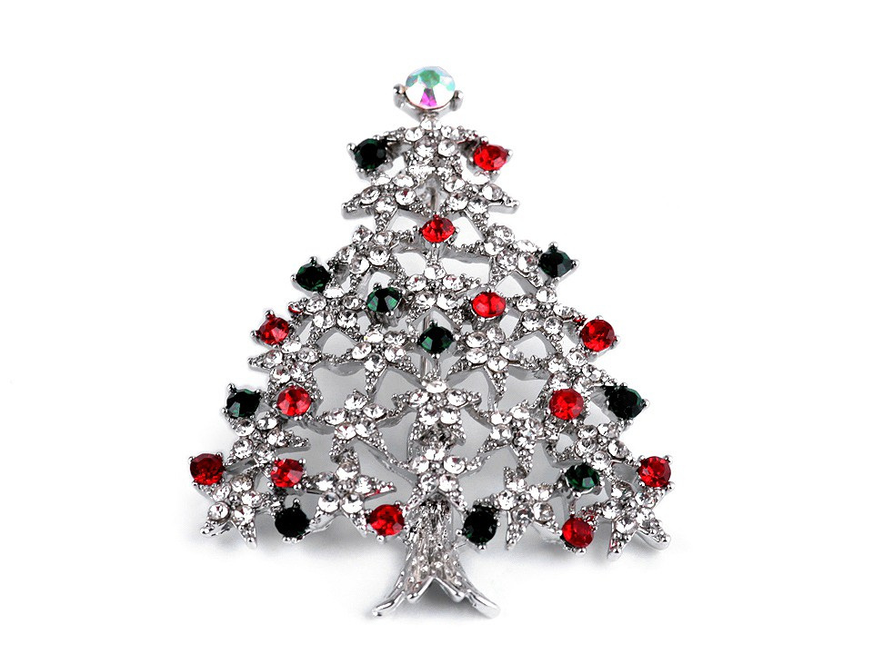 Brož s broušenými kamínky vánoční stromeček, barva platina