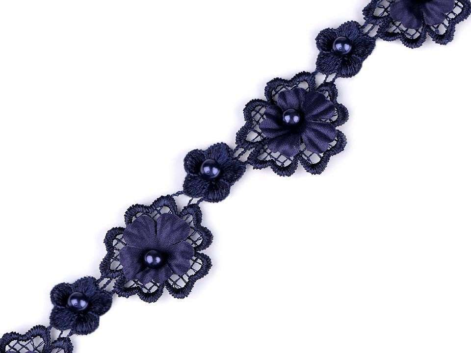 Krajka 3D květ s perlou šíře 30 mm, barva 3 modrá tmavá