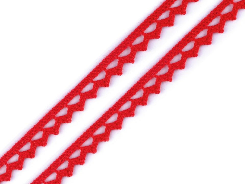 Bavlněná krajka paličkovaná šíře 9 mm, barva 11 červená