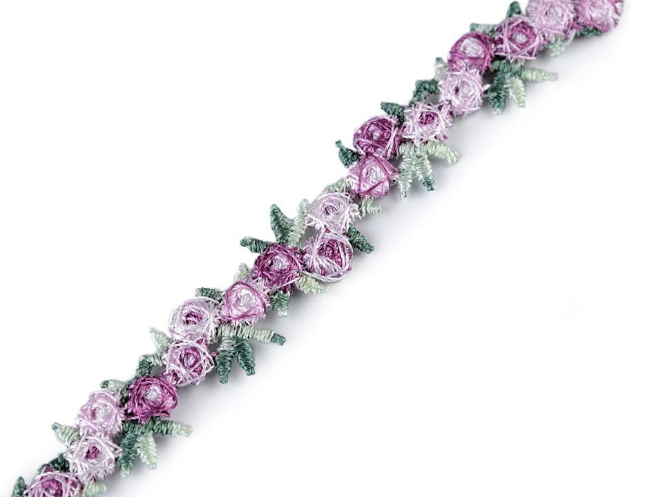Vyšívaný prýmek s 3D květy šíře 15 mm, barva 1 fialová sv.
