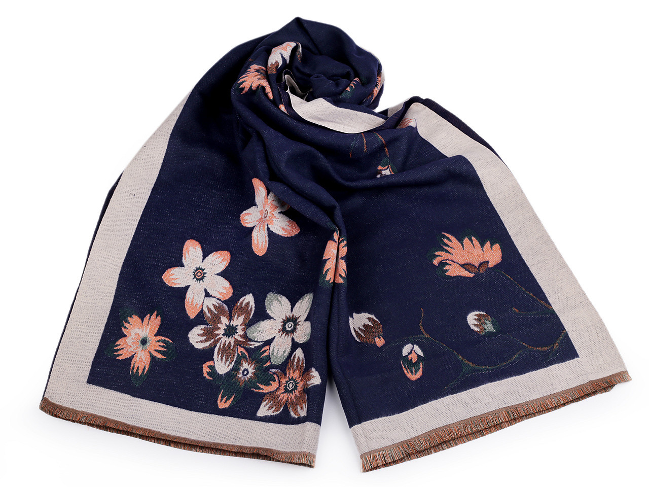 Šátek / šála typu kašmír s třásněmi, květy 65x190 cm, barva 9 modrá tmavá béžová světlá