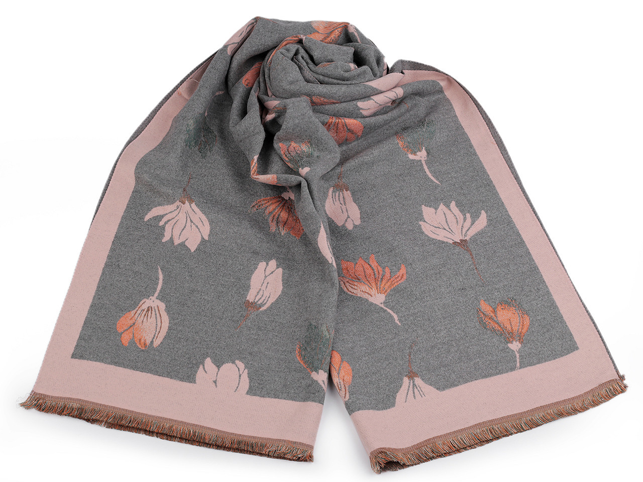 Šátek / šála typu kašmír s třásněmi, květy 65x190 cm, barva 16 šedá pudrová
