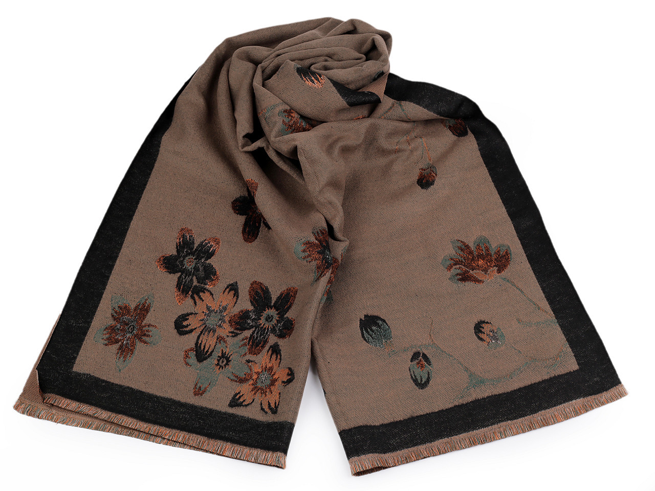 Šátek / šála typu kašmír s třásněmi, květy 65x190 cm, barva 6 béžová hnědá tmavá