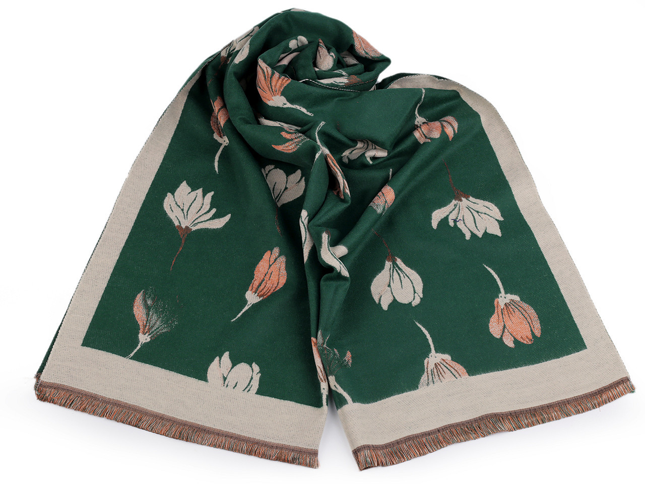 Šátek / šála typu kašmír s třásněmi, květy 65x190 cm, barva 13 zelená tmavá béžová světlá