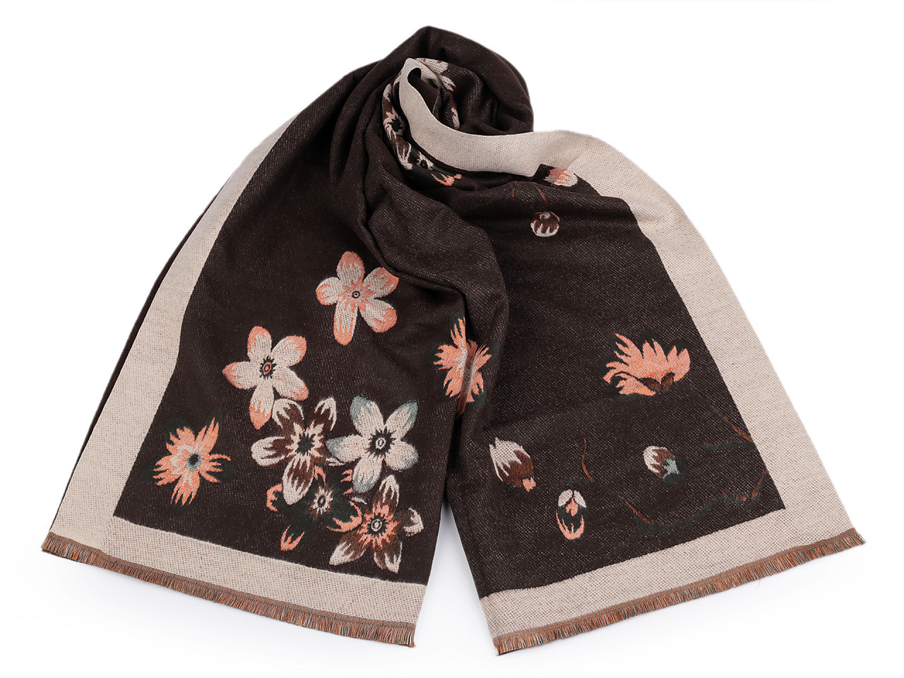 Šátek / šála typu kašmír s třásněmi, květy 65x190 cm, barva 2 béžová světlá hnědá
