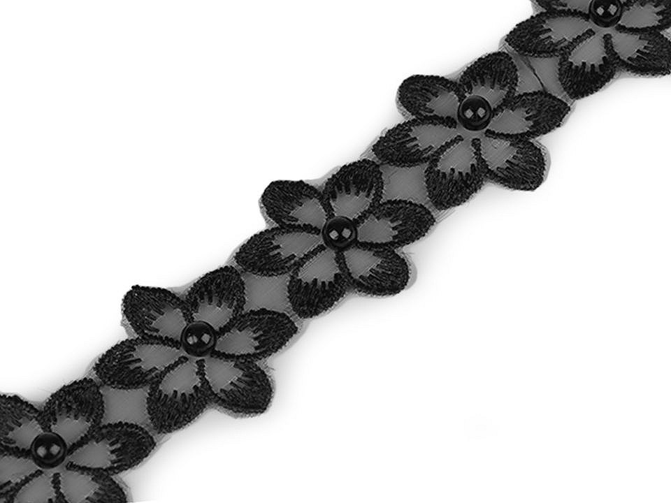Prýmek květ s perlou na monofilu šíře 35 mm, barva 4 černá