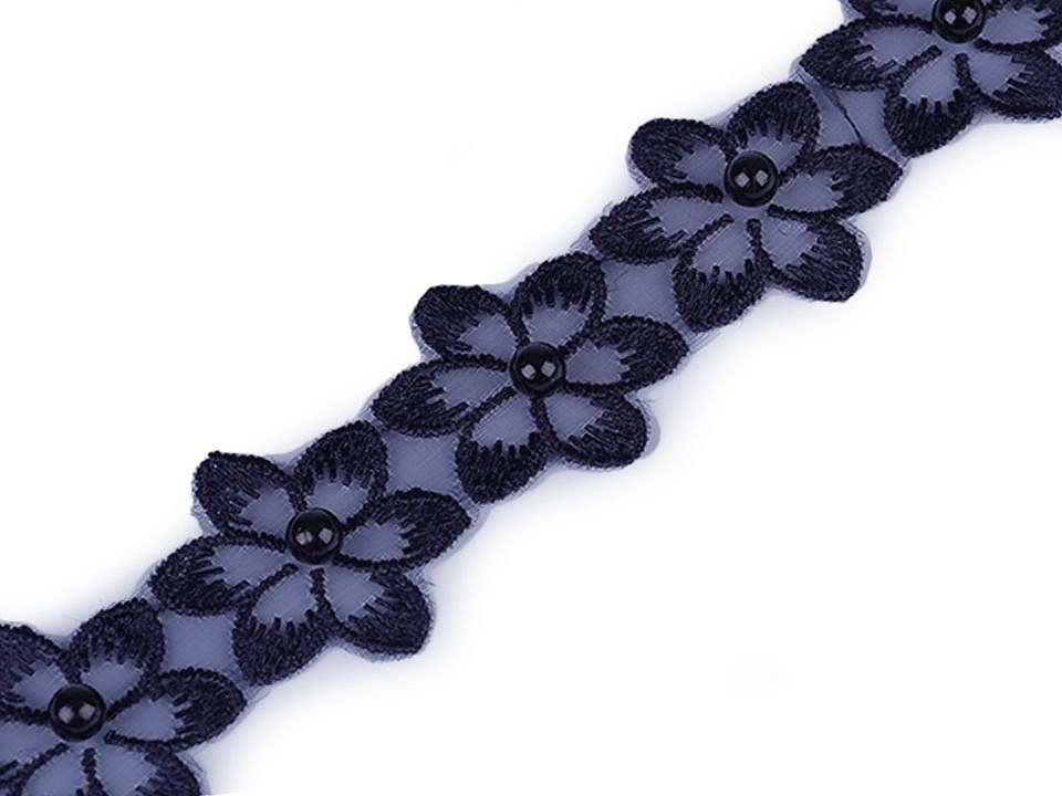 Prýmek květ s perlou na monofilu šíře 35 mm, barva 3 modrá temná