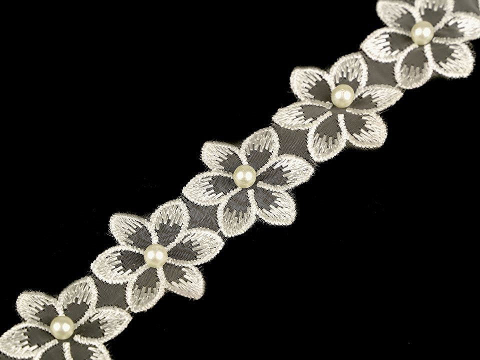 Prýmek květ s perlou na monofilu šíře 35 mm, barva 5 krémová sv.