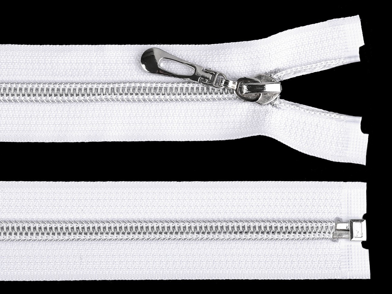 Spirálový zip se stříbrnými zoubky šíře 7 mm délka 55 cm, barva 101 bílá